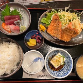 お刺身とアジフライ定食(旬菜魚 いなだ)