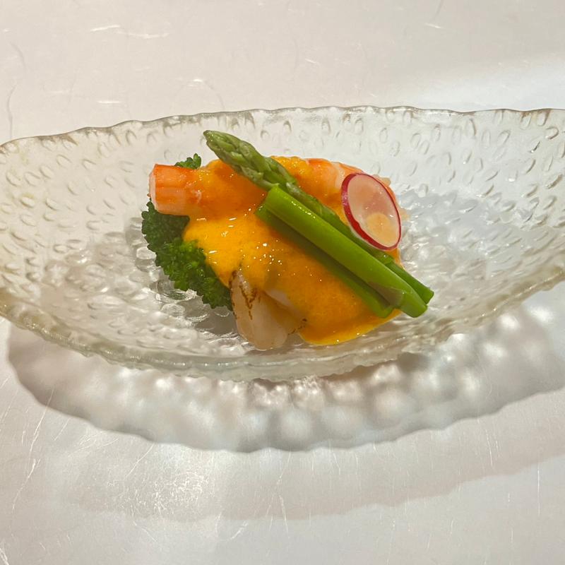 海老　帆立　アスパラ黄身酢(多満喜)