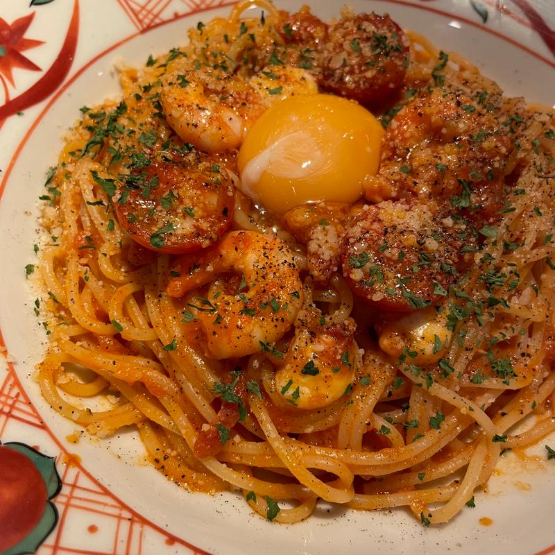 海老とモッツァレラチーズのカルボナーラチリトマトソース(洋麺屋五右衛門 MAGNET by SHIBUYA 109店)