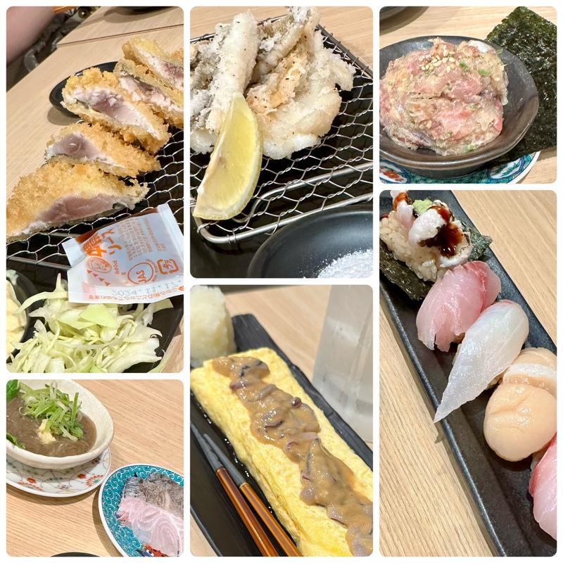 レアアジフライ、生しらす沖漬け、蒸しカレイ唐揚げ、塩辛出汁巻き、地魚なめろう、寿司5貫(魚と酒はなたれ 横浜西口一番街)