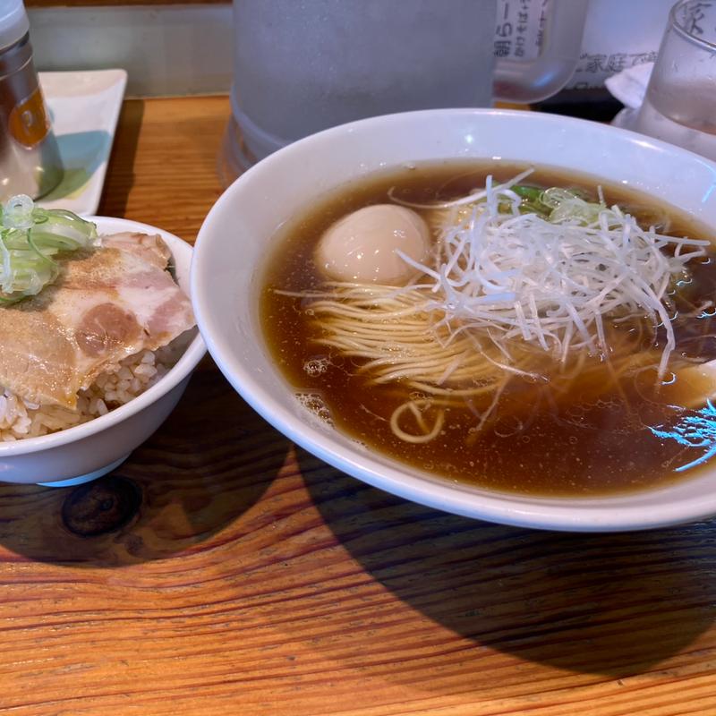 朝ラー定食　かけそば醤油　チャー丼　味玉トッピング(らーめん 芝浜)