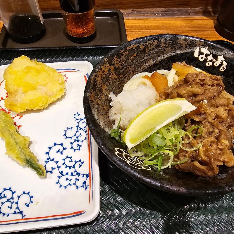 牛肉おろしぶっかけ 小 冷＋とり天＋オクラ天(はなまるうどん 京橋店)