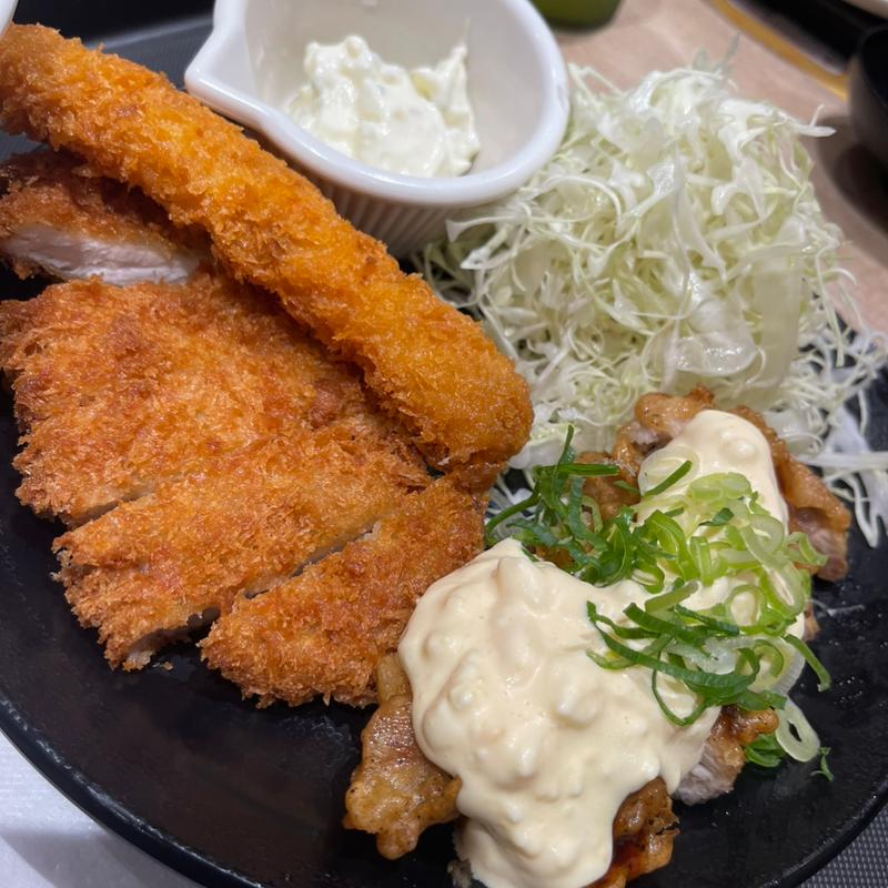 ロースかつ＆チキン南蛮定食、エビフライトッピング(松のや 豊見城店)