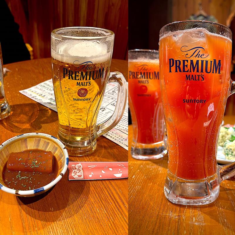 お通し、生ビール(大)、トマトポン酢サワー(ぃぃ居酒屋アラタ )