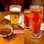 お通し、生ビール(大)、トマトポン酢サワー