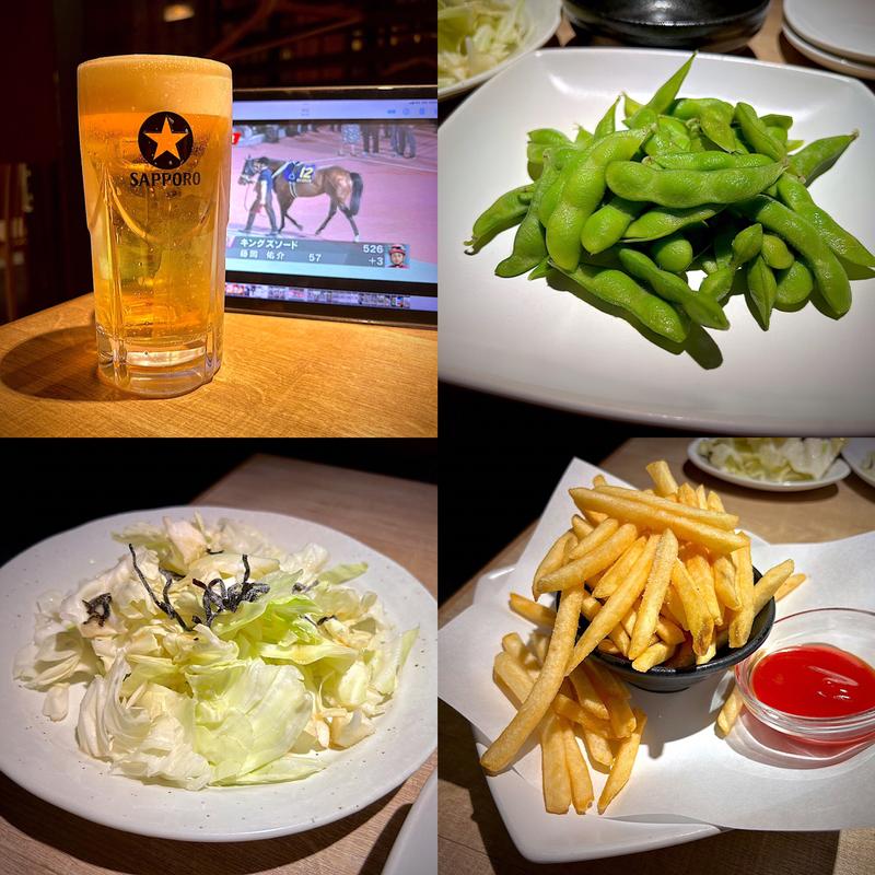 生ビール、枝豆、やみつきキャベツ、ポテトフライ(いただきコッコちゃん 長町店 )