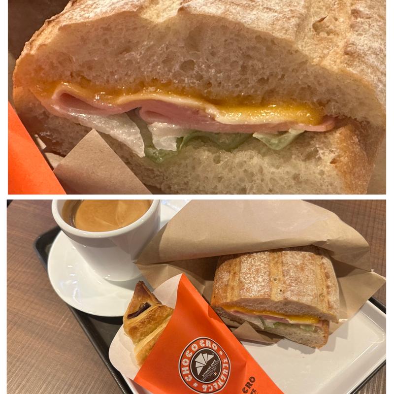 サンマルクホットサンド・ハムチーズ、チョコクロ、ブレンドコーヒー(サンマルクカフェ 小田急マルシェ大和店)