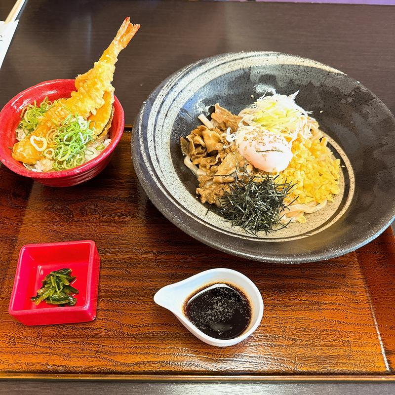 ピリ辛肉ぶっかけうどんとミニ天丼(本家さぬきや 和泉福瀬店)