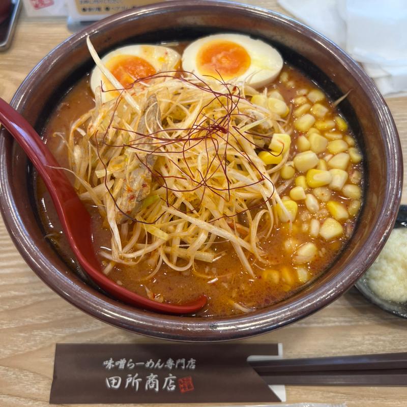 北海道辛味噌肉ネギラーメン+味噌漬け玉子+コーン(麺場 田所商店 大宮宮原店)