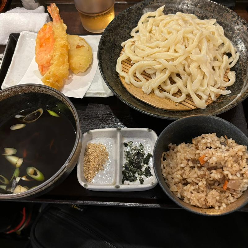 シンプル付け汁うどん➕天ぷら3品(武蔵野うどん じんこ 三軒茶屋店)