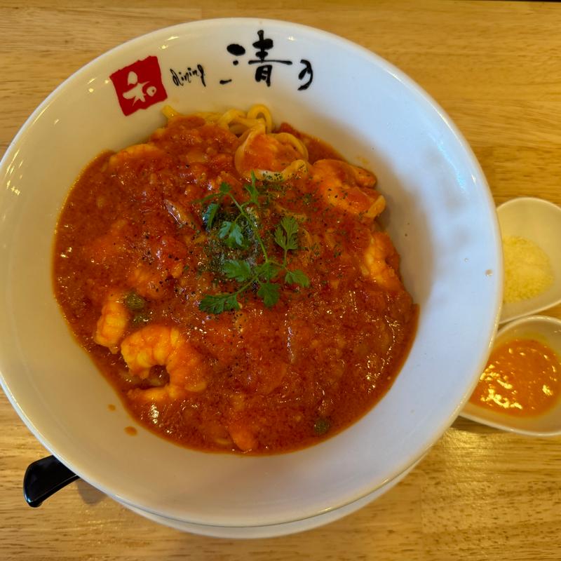 海老とニンニクのトマトソースパスタ風 (しめの冷たいお出汁付き)(和 dining 清乃 （セイノ）)