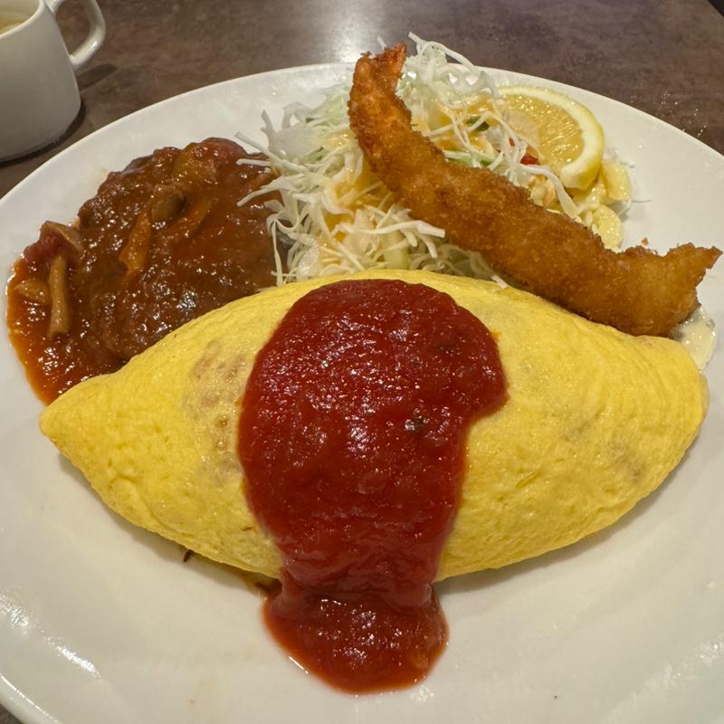 ハンバーグ&オムライスにエビフライトッピング(洋食 ふくもと)