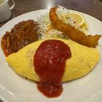 ハンバーグ&オムライスにエビフライトッピング(洋食 ふくもと)