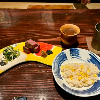 とうもろこしご飯、飛騨牛のランプ、テールスープ(野口太郎)