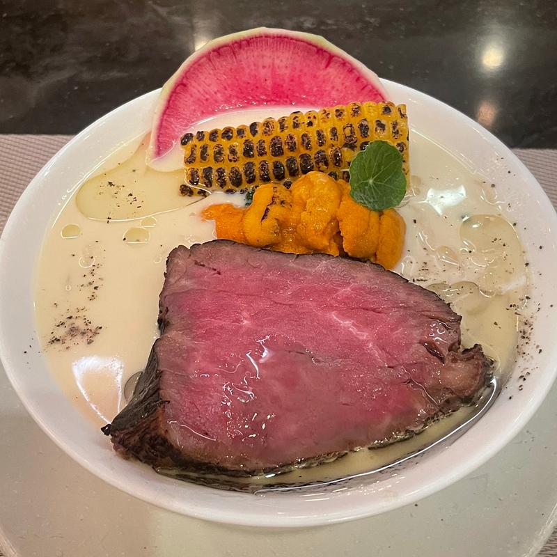 A5和牛の厚切りシャトーブリアンと雲丹の冷たいとうもろこしのらぁめん(MENSHO)