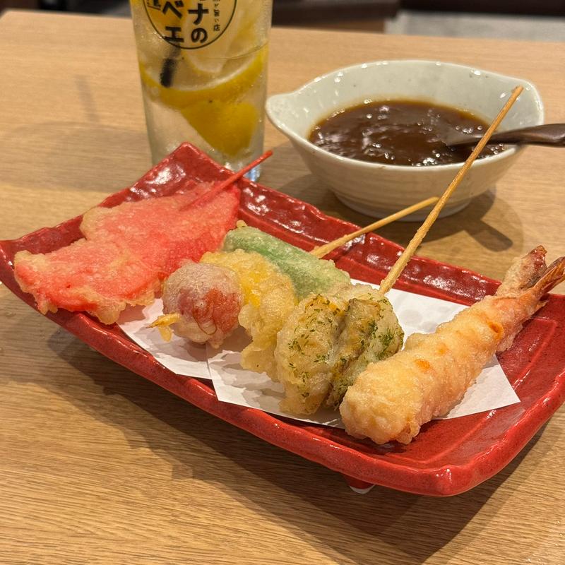 海老天、ホタテ磯部天、夏野菜よくばり天、紅しょうが天(サカナのハチベエ 今池店)