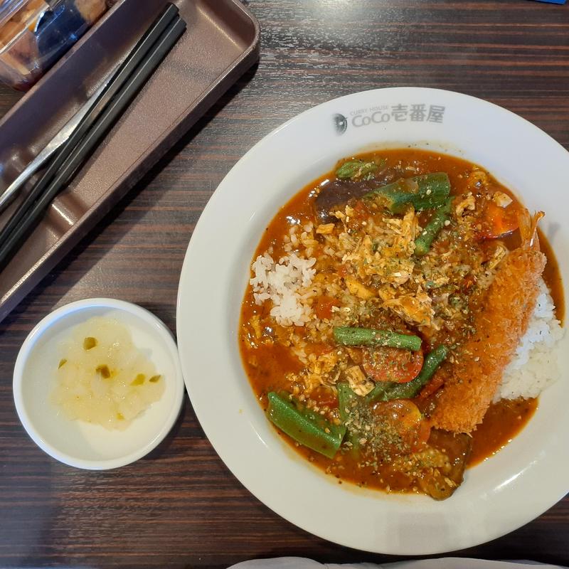 「スパイスカレーチキン夏ベジプラスエビフライ」(CoCo壱番屋 上野服部店 （ココイチバンヤ）)
