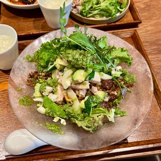 蒸し鶏とアボカドの葱ソース和え 豚挽き肉胡麻ソース冷麺(chinois火華)