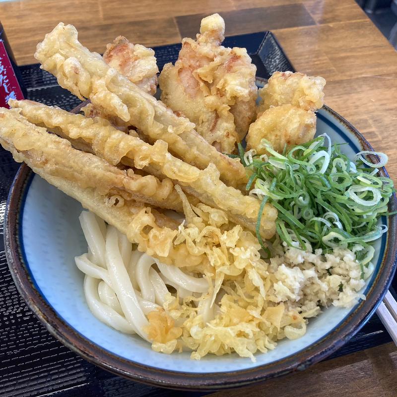 とり天・ごぼ天だし醤油ぶっかけ（並）(讃岐うどんエブリデイ 新堀川本店)