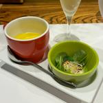 真鯛の炙り、かぼちゃの冷製スープ