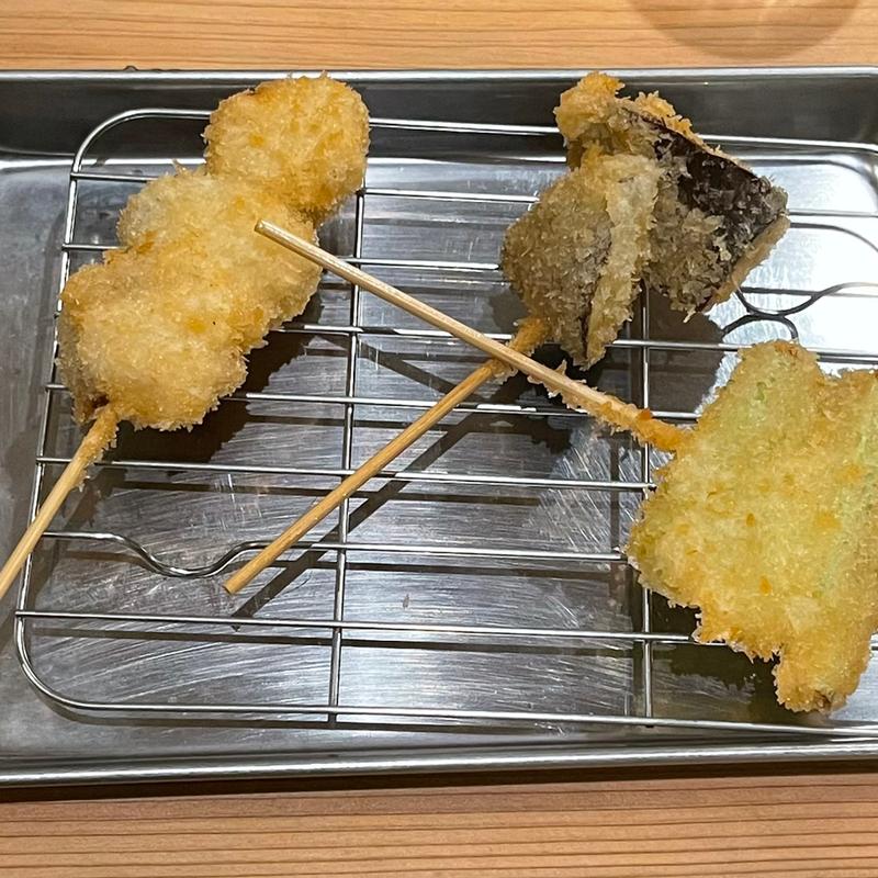 串カツ　ホタテ、ナス、アスパラガス(シェフの居酒屋魚タリアン)