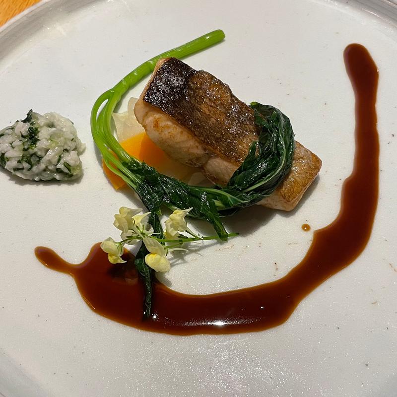 信州大王岩魚のポワレ  バルサミコソース  長芋と野沢菜のわさび風味(Restaurant 溪)