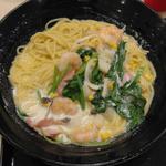 えびとベーコンとほうれん草のクリームスープすぱ