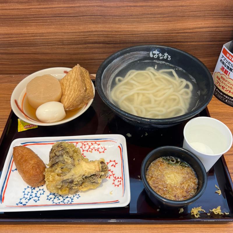 釜揚げ　いなり　舞茸天　玉子　大根　厚揚げ(はなまるうどん 足立花畑店)
