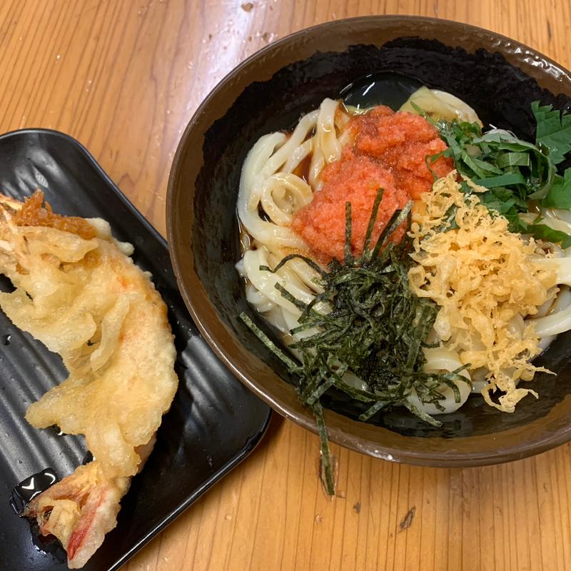 明太釜玉うどん、特大有頭海老天(えん家)