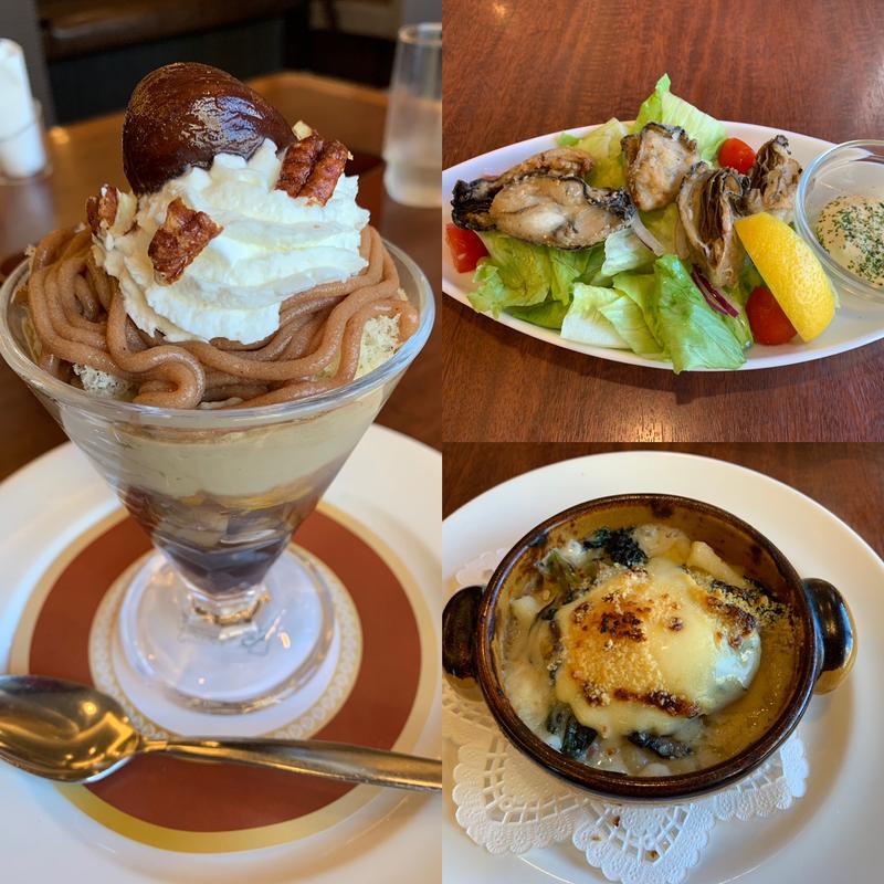 牡蠣のフリット、グラタンと柿と栗のパフェ(ロイヤルホスト 桂店 )