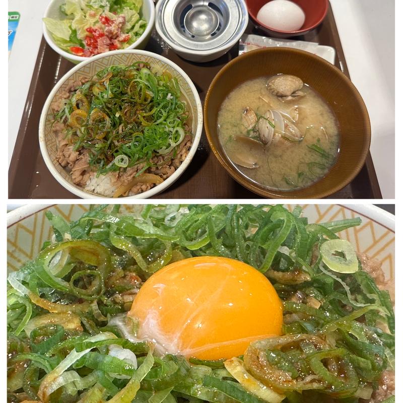 ねぎ玉牛丼 (並) シーザーサラダとあさり汁のセット(すき家 横浜善部町店 )