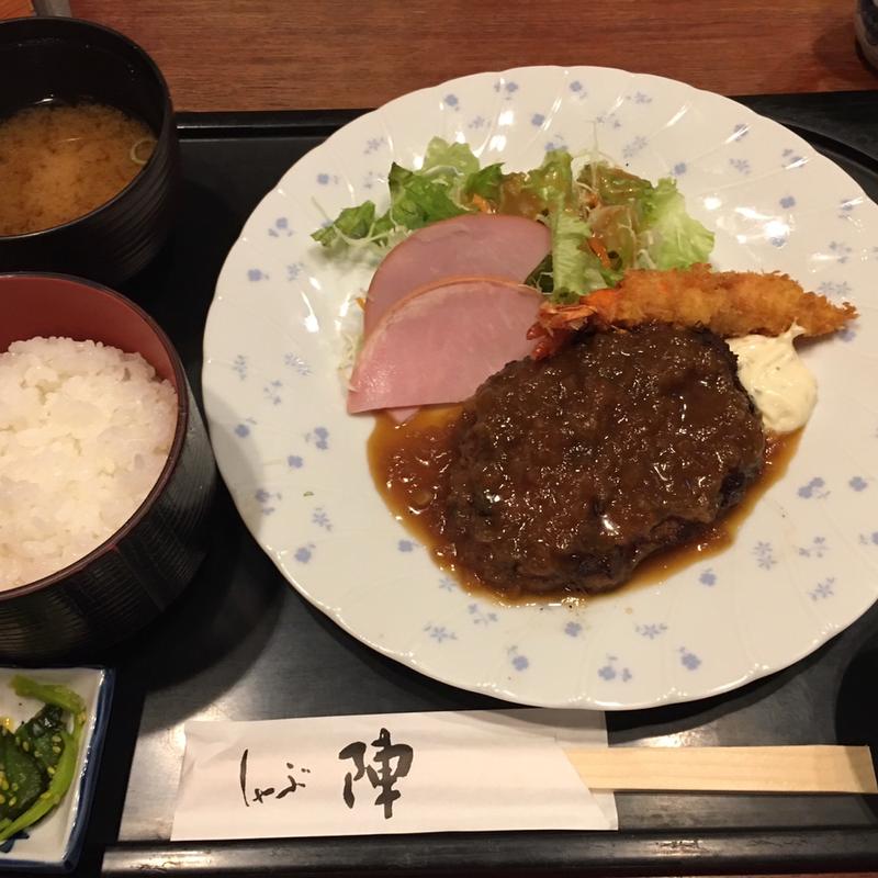 国産牛ハンバーグとエビフライとロースハム定食(しゃぶしゃぶ すき焼き しゃぶ陣 堺筋本町)