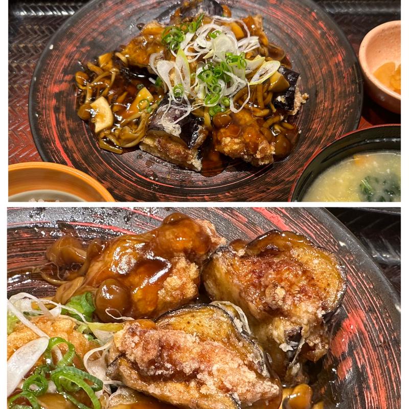 茄子の挟み揚げ茸あんかけ・五穀ごはん(小)と野菜たっぷり麦みそ汁(大戸屋 新横浜2丁目店 )