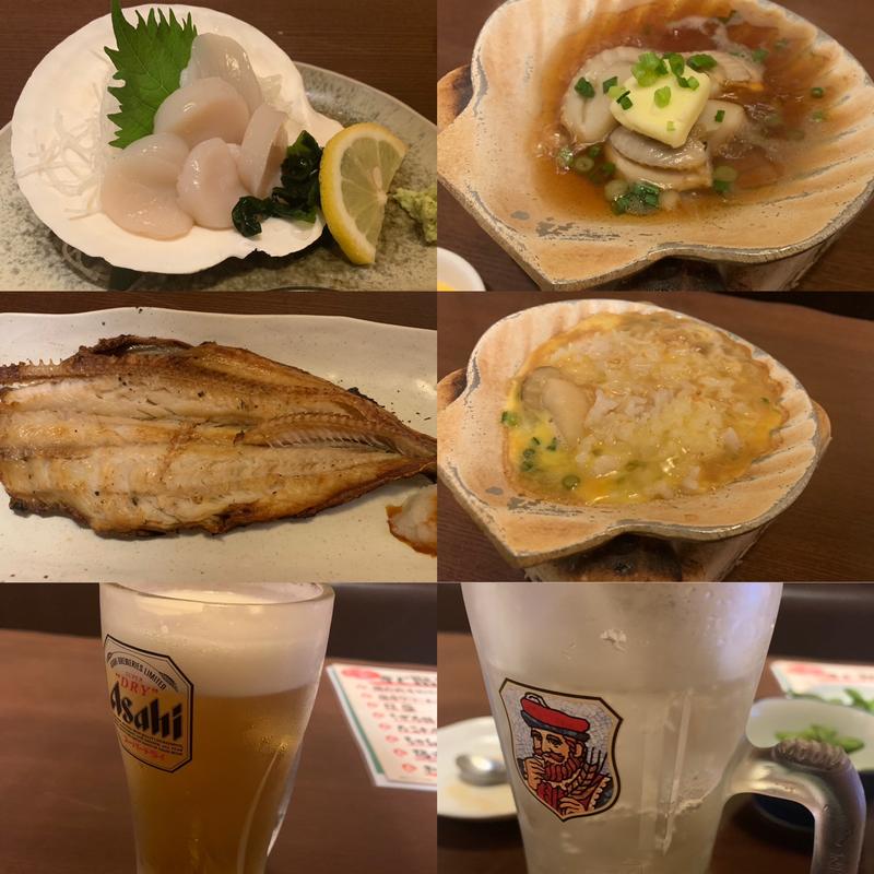 ホタテ刺身、ホタテバター醤油焼き、縞ホッケの開き他(いろはにほへと 南稚内店 )