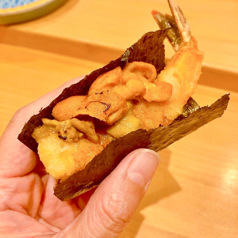 海老ドッグ（昼上会席）(広島 鮨 天ぷら いわい)