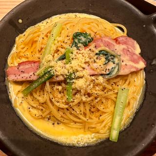 一枚ベーコンのカルボナーラ(てっぱんのスパゲッティ リンクス梅田店)