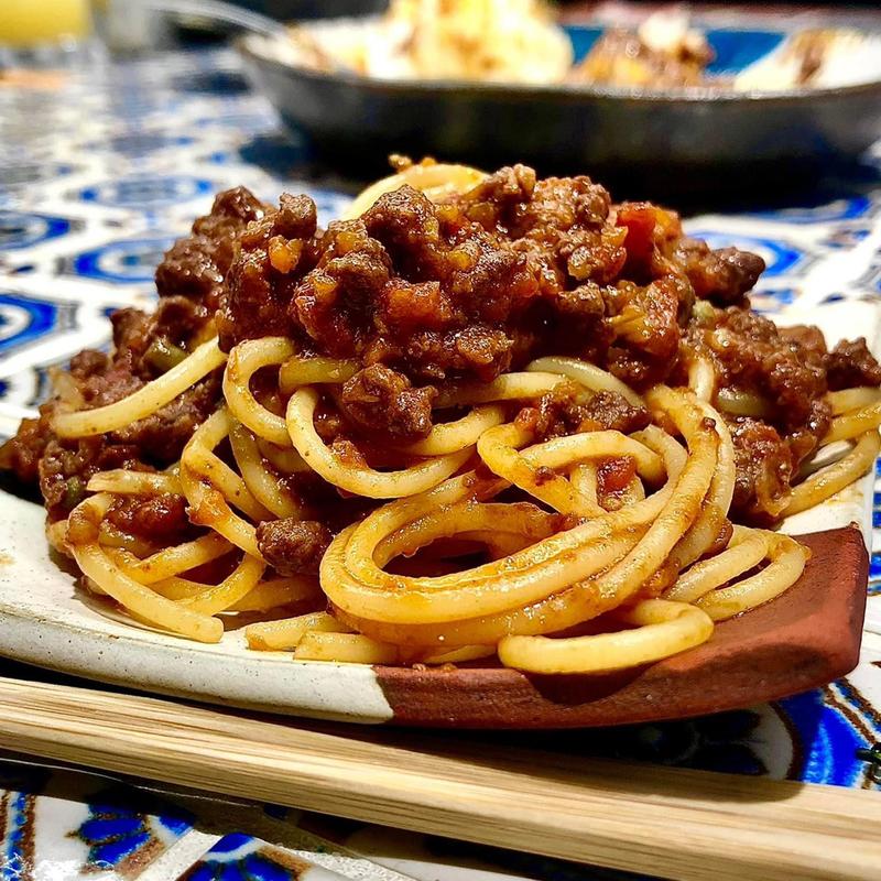 実山椒ミートソースパスタ(ここにもとだか)