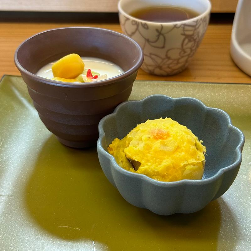 かぼちゃサラダ、杏仁豆腐(美味旬菜 饗庭)