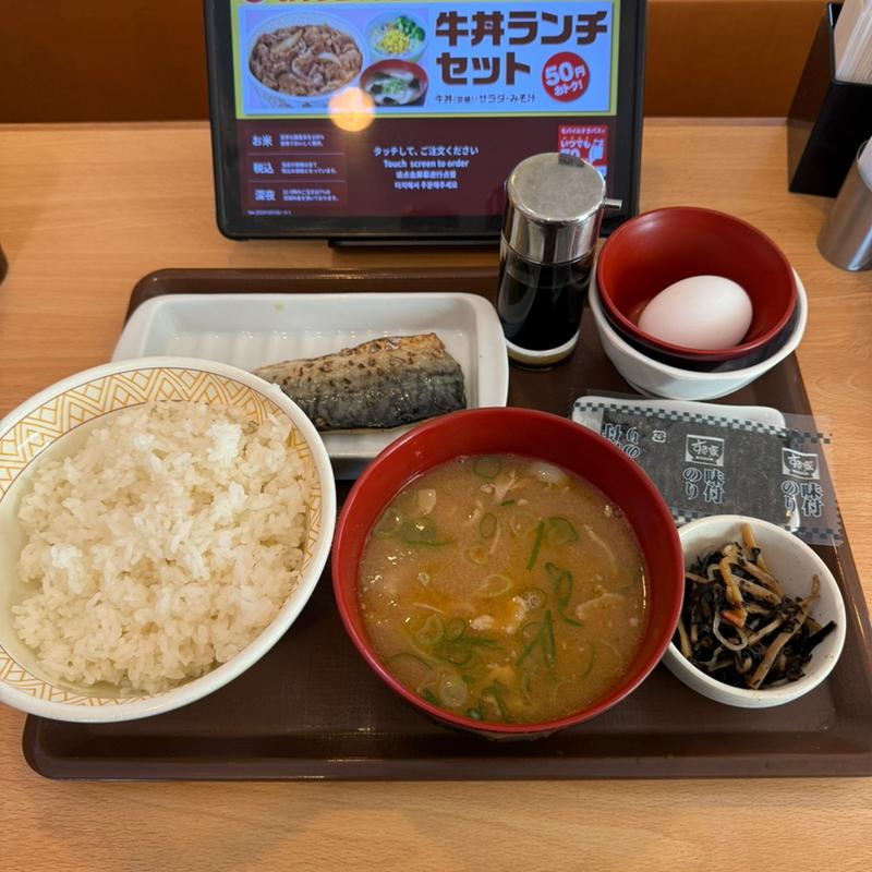 塩さばたまかけ朝食　豚汁変更　アイスコーヒーL(すき家 八潮西袋店)