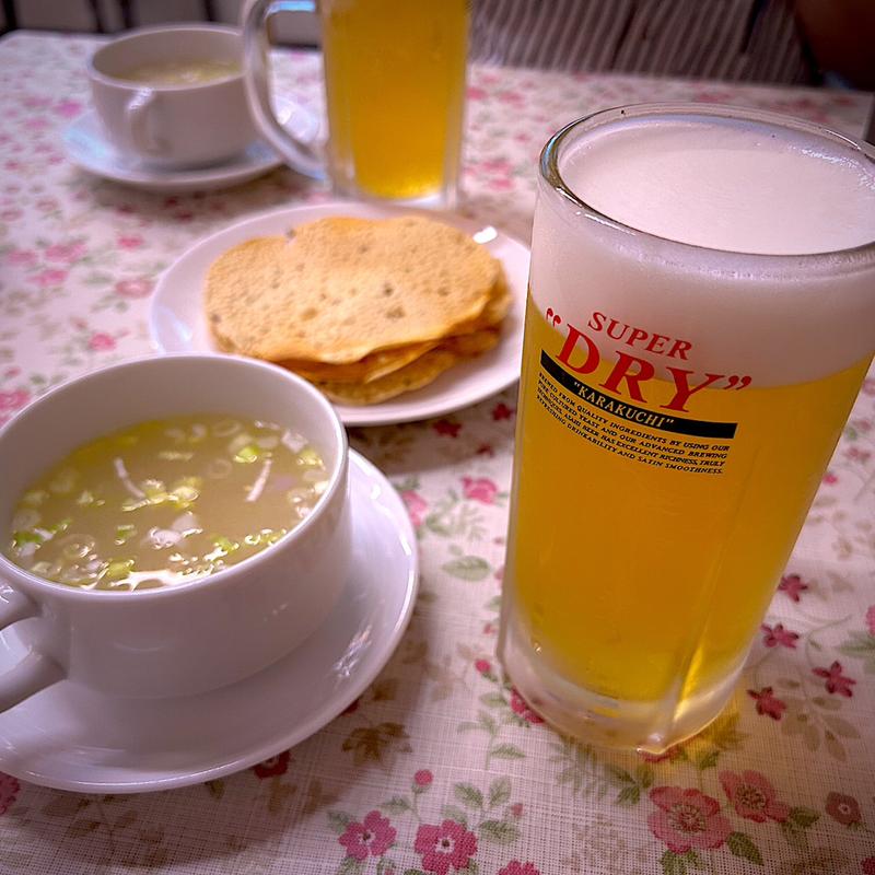 生ビール、パパド、スープ(サムザーナ富沢店)