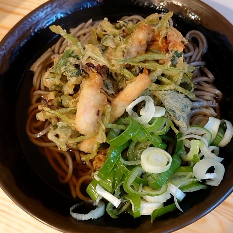 イカの一夜干しと三つ葉のかきあげ(立喰いそば でん)