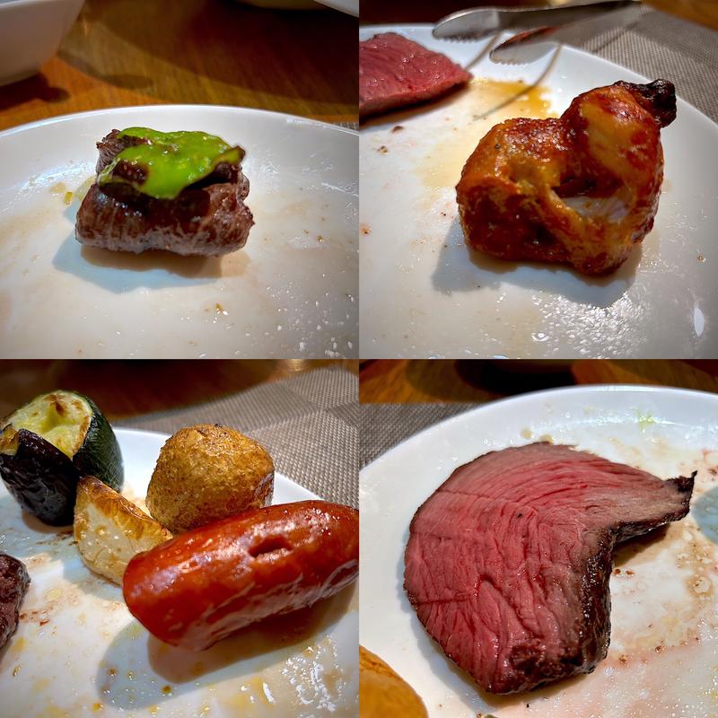 牛ハラミ、ジャークチキン、じゃがバター、カブ、ナス、ズッキーニ、牛イチボ(シュラスコレストラン カレンドゥラ)