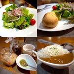 サラダ、ポンデケージョ、ステーキソース、牛すじ赤ワイン煮込みカレー