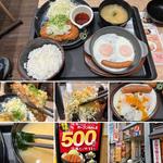 鬼おろしポン酢ロースかつ定食に目玉焼き&ソーセージ