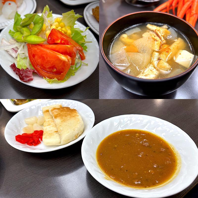 サラダ、豚汁、カレー(春日居びゅーほてる )