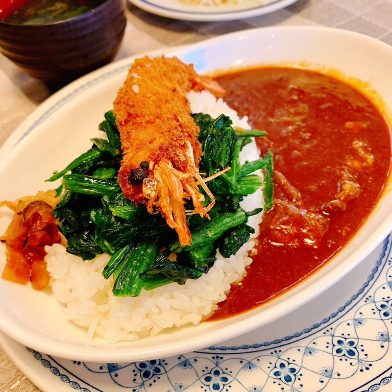 ランチポークカレー(+有頭エビフライ・ほうれん草)(レストランナカタ)