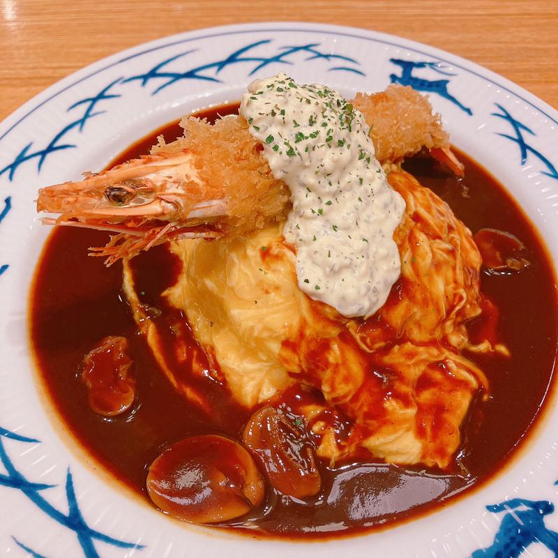 半熟玉子のオムライス 有頭海老フライ添え デミグラスソース(銀座洋食三笠會館 池袋パルコ店)