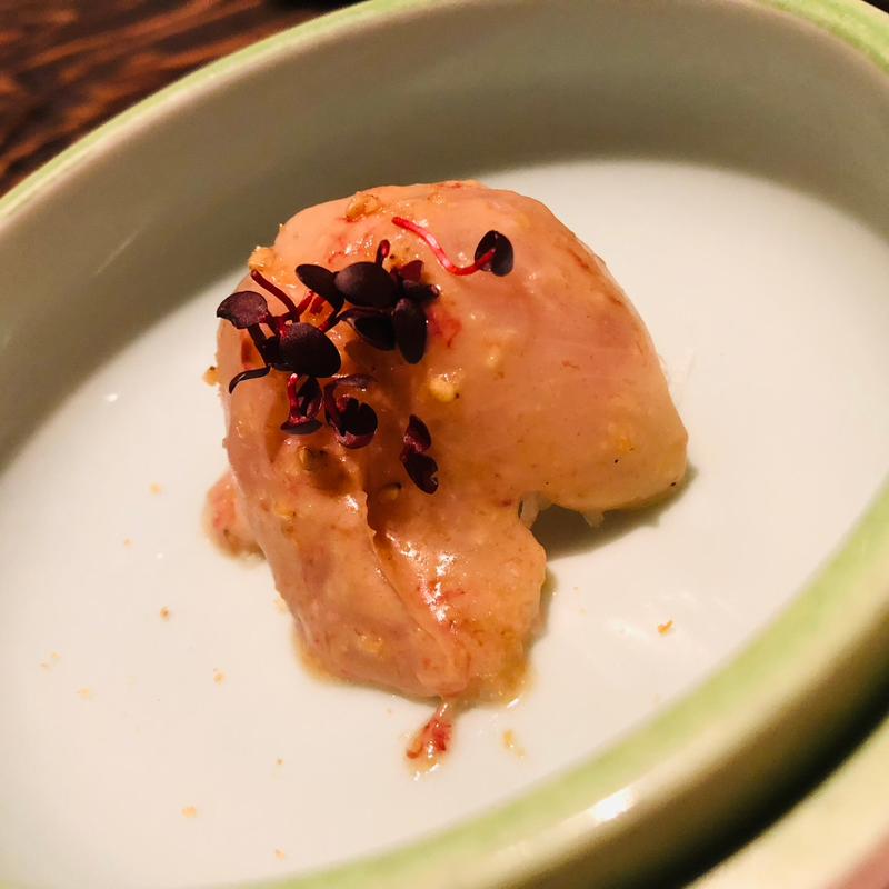 カワハギの肝醤油和え(魚炉裏庵 目からうろこ)