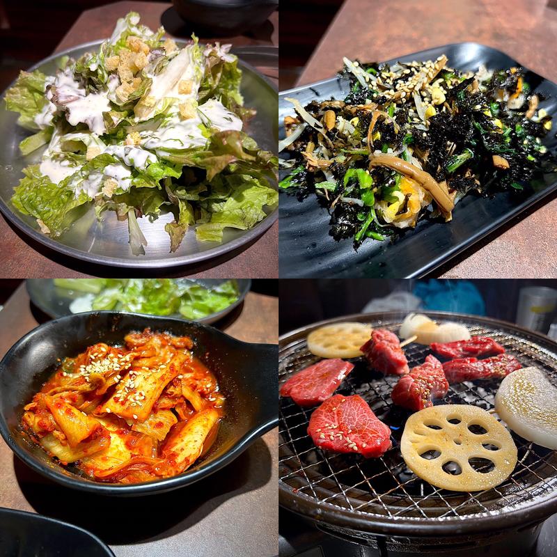 シーザーサラダ、ごちゃまぜ海苔ナムル、キムチ(焼肉食べ放題 飲み放題 焼肉ダイニング ちからや 仙台駅前店)