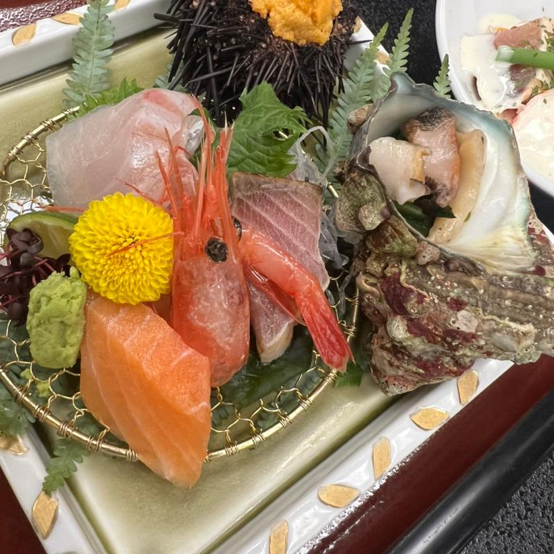 お造り 雲丹、サザエ、旬魚5種盛り合わせ(こだわり地の物会席)(いこい亭　菊萬 )